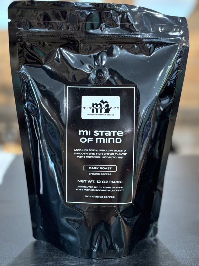Load image into Gallery viewer, mi State of Mind coffee mi State of Mind (Dark Roast) 12oz mi Ground Coffee - New Look!
