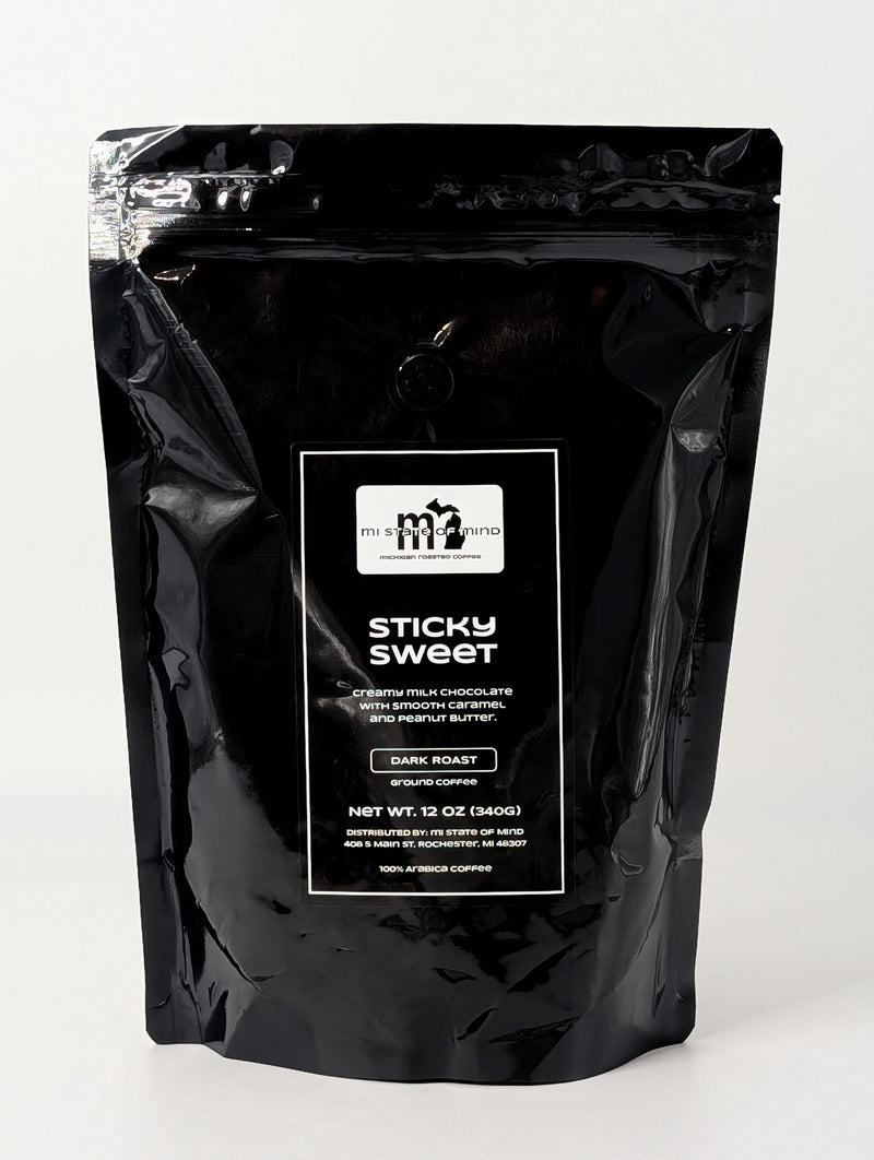Load image into Gallery viewer, mi State of Mind coffee Sticky Sweet (Dark Roast) 12oz mi Ground Coffee
