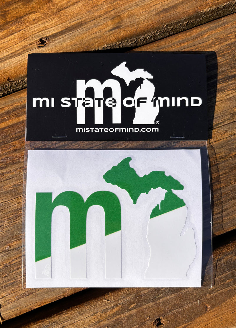 Load image into Gallery viewer, mi State of Mind Sticker Green &amp; White mi School Spirit Decal
