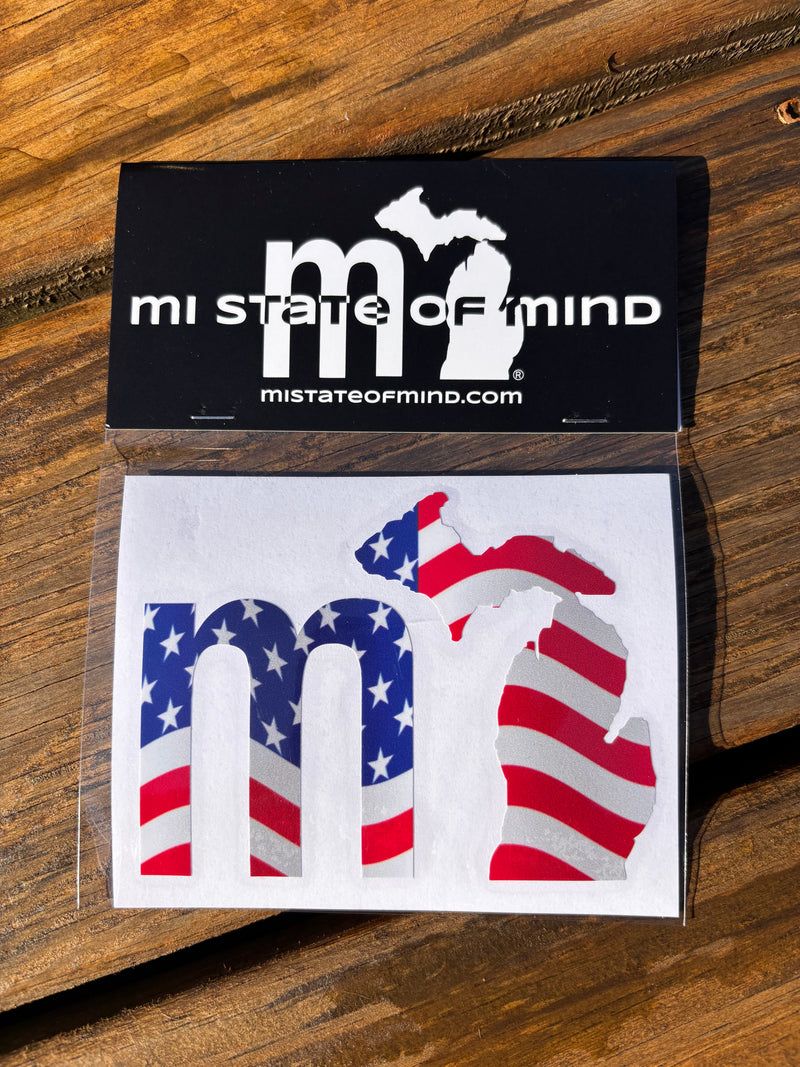 Load image into Gallery viewer, mi State of Mind Sticker Waving Flag mi USA Sticker
